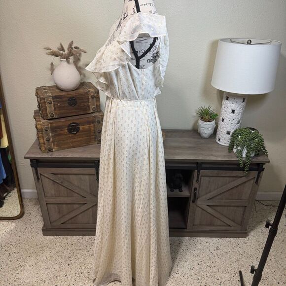 Yumi Kim Iris Ivory/Gold Swiss Dot Lurex Maxi Wrap Dress Ruffle Formal Size S - Picture 5 of 11